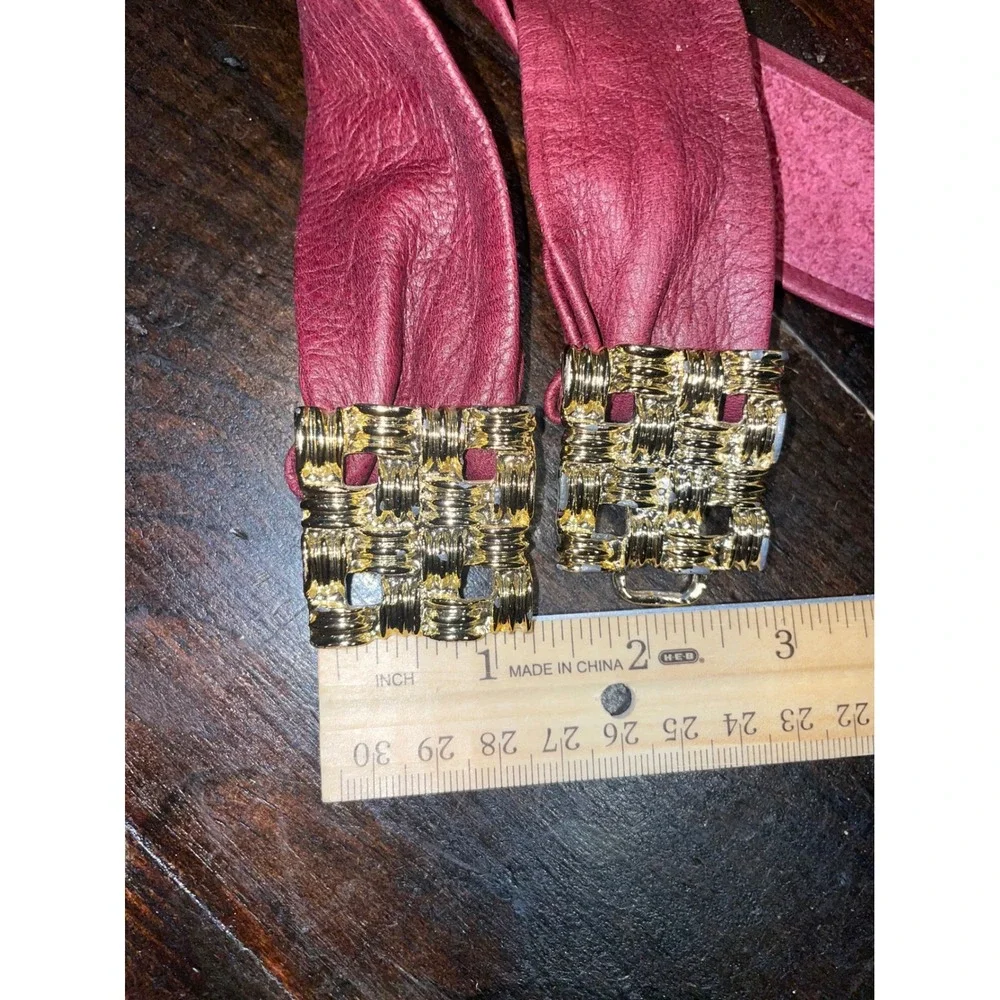 Vintage Ceinture Burgundy Leather Belt Gold Tone Woven‎ Buckle Fashion 80'